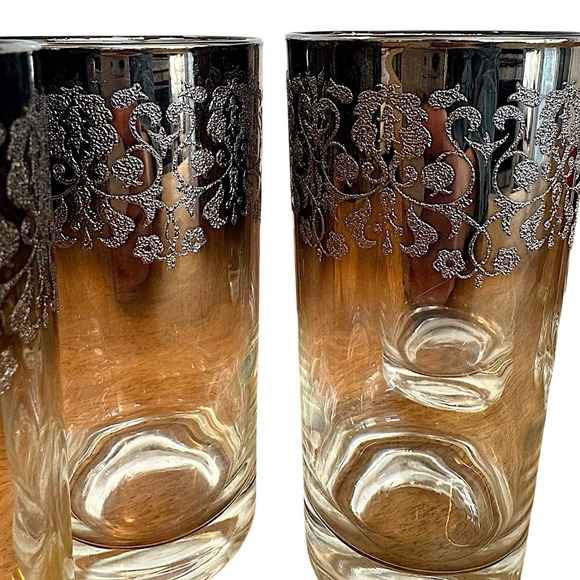 MCM Dorothy Thorpe Style Highball Glasses Silver Fade Filigree Barware 6 Pc Set - Picture 5 of 16